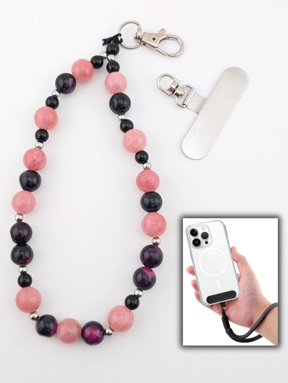 NWT Phone Lanyard Key Chain Bracelet Wrist Strap Pink And Black Beads